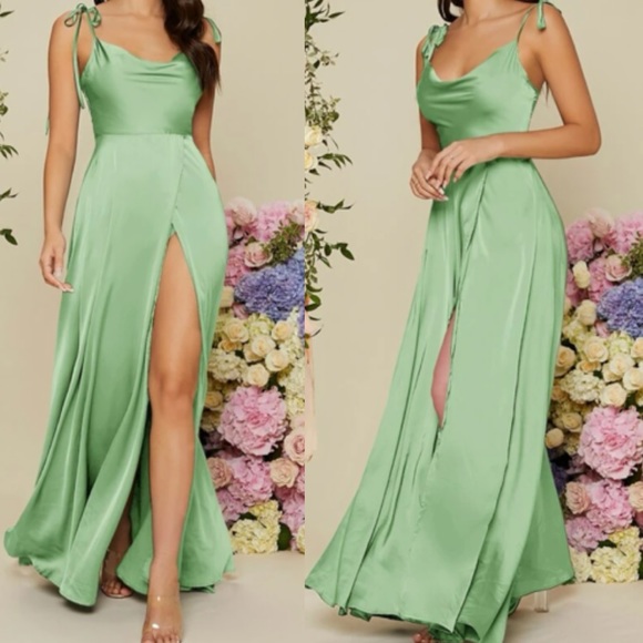 Luxurious tie shoulder wrap satin formal prom wedding evening party maxi dress - Picture 7 of 10